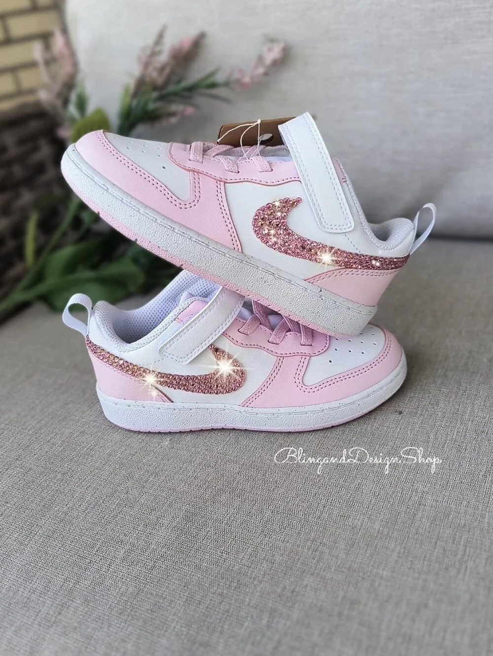 Swarovski Nike Court Borough Low Recraft Girls Toddler Bling Sneakers Pink White